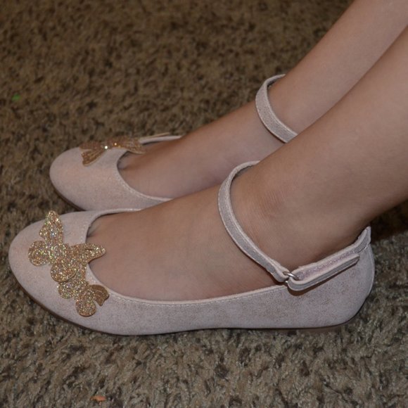Self Esteem (R) Cream Sparkly Shoes Golden Butterflies Decor Ankle Fastener 3 - Picture 2 of 8